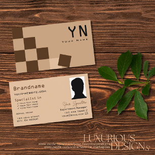 Carte De Visite Echecboard Beige et Brown avec Monogram & Photo