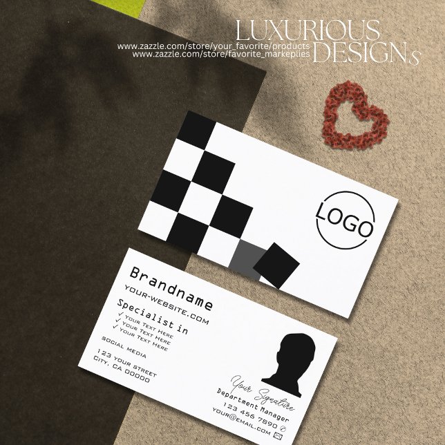 Carte De Visite Echecboard noir et blanc avec logo et photo chic (Créateur téléchargé)