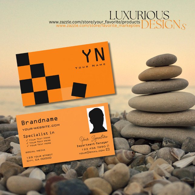 Carte De Visite Echecboard orange et noir avec Monogram & Photo (Créateur téléchargé)