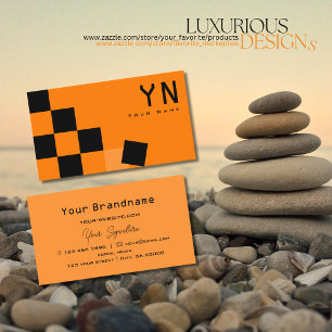 Carte De Visite Echecboard orange et noir avec Monogramme Moderne