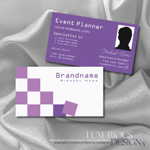 Carte De Visite Echecboard violet et blanc moderne avec Photo Chic