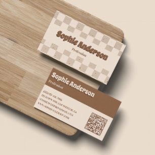 Carte De Visite Échiquier élégant beige et marron avec code QR