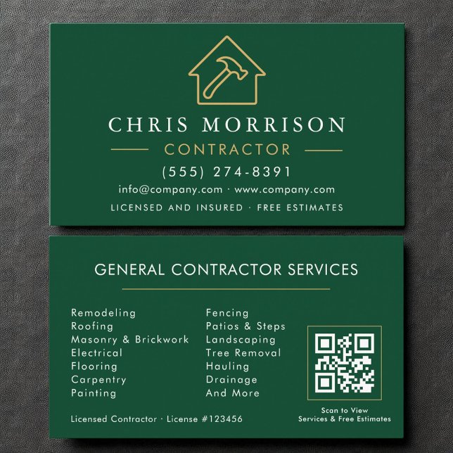 Carte De Visite Eco General Construction Moderne Vert Or QR Code (Créateur téléchargé)