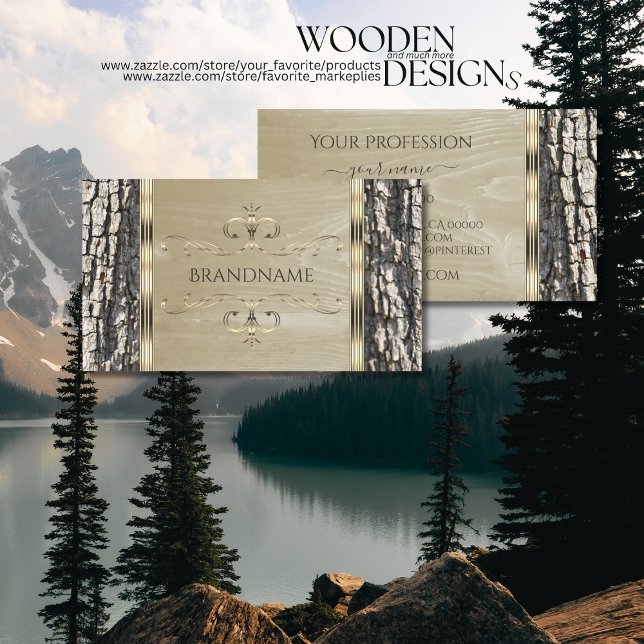 Carte De Visite Écorce rustique Bois Grain et Gold Ornate Bordure (Créateur téléchargé)