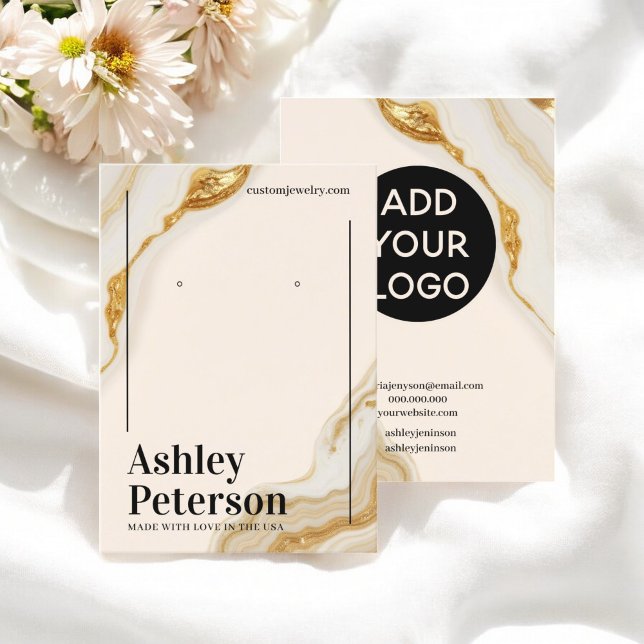 Carte De Visite Ecran de boucle d'oreille en marbre doré de luxe (Luxury Gold Marble Foil script earring display Business Card)