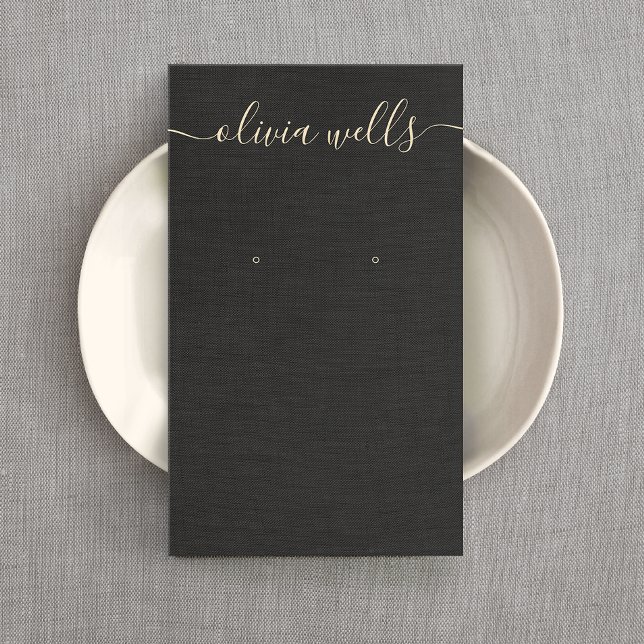 Carte De Visite Écran d'oreille du script de signature de lin noir (Créateur téléchargé)