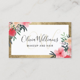 Carte De Visite Écriture florale à cadre doré chic monogrammé