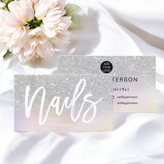 Carte De Visite Écriture Nails argent parties scintillant chic hol (Nails script silver glitter chic holographic business card)