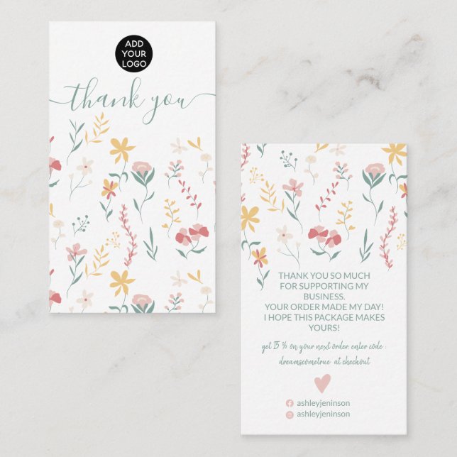 Carte De Visite Editable floral mignon illustration merci (Devant / Derrière)