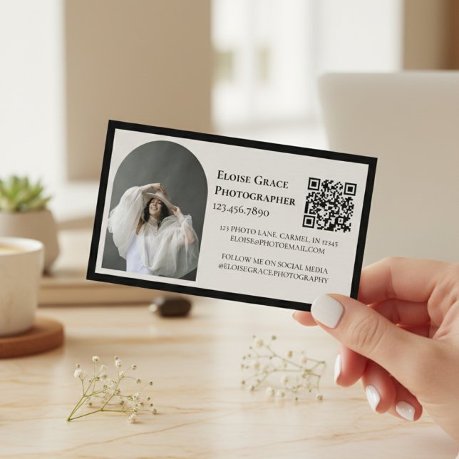 Carte De Visite Editorial Photo Logo Black QR Code Business Card (Market your photography business in style with this editorial business card!)