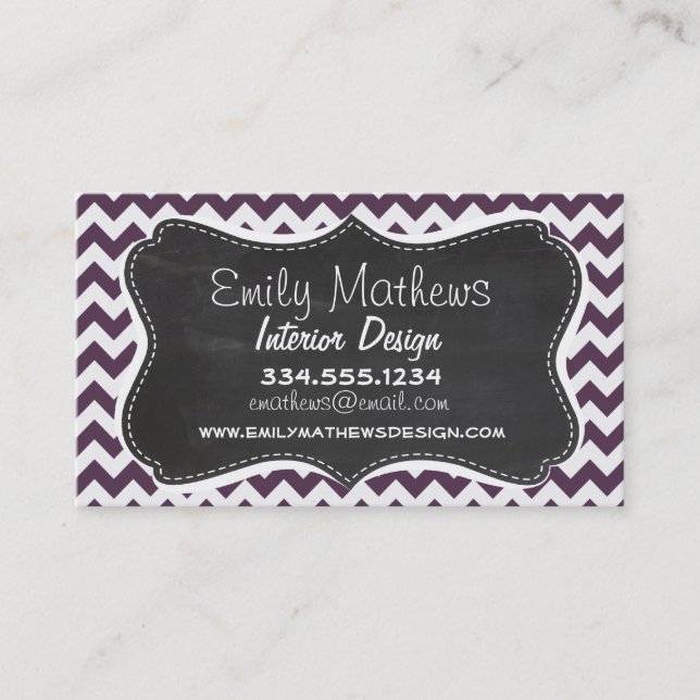 Carte De Visite Eggplant Purple Chevron ; Retro Chalkboard (Devant)