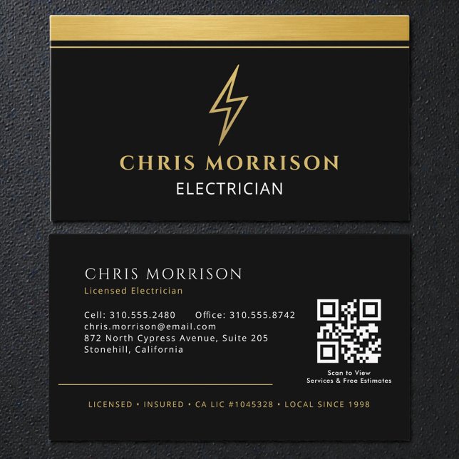 Carte De Visite Electrician Black & Gold Metallic QR Code (Créateur téléchargé)