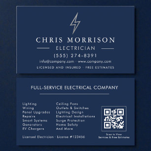Carte de visite Électricien Code QR Bleu Marine Ar