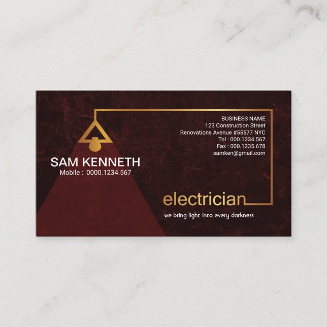 Carte De Visite Électricien grunge rouge élégant grand d'art d'or (Devant)