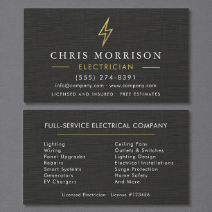 Carte De Visite Électricien Minimaliste Noir Or Lin
