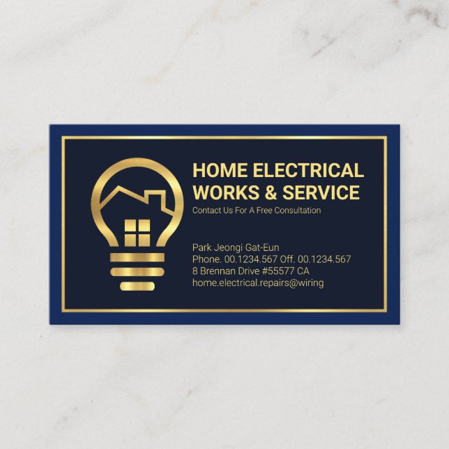 Carte De Visite Électricien professionnel Gold Home Bulb (Devant)