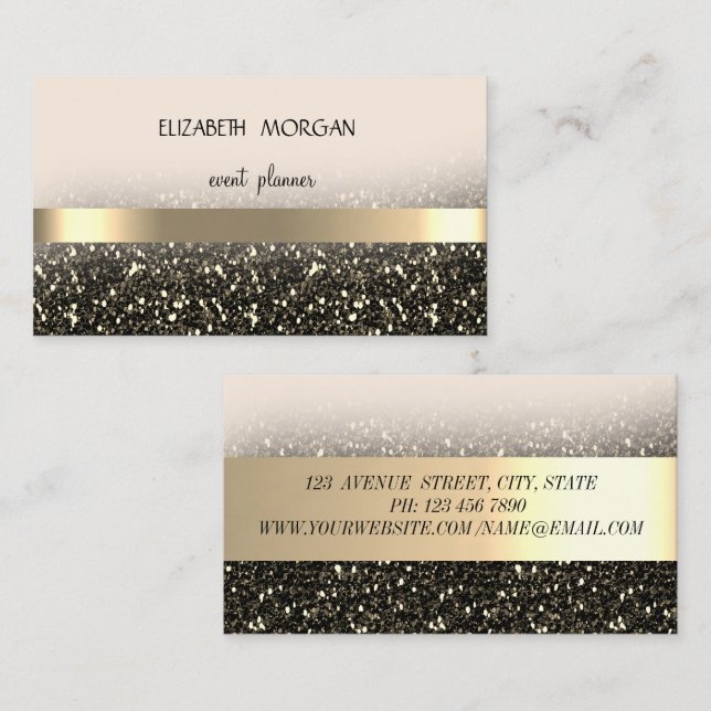 Carte De Visite Elegan Modern Glittery Bokeh, Gold Stripes (Devant / Derrière)