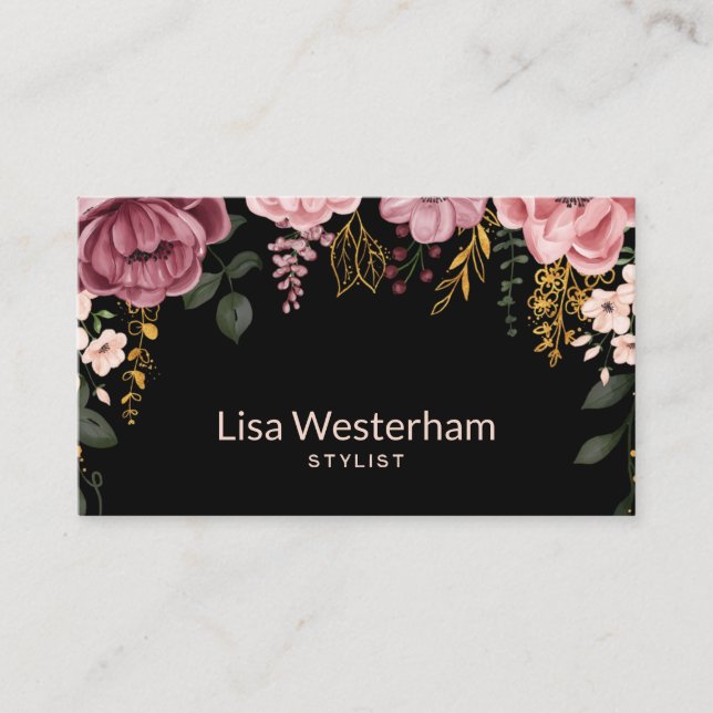 Carte De Visite Élégance botanique : Floral noir et rose (Devant)