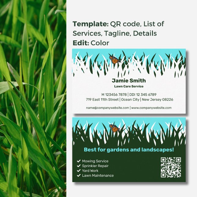 Carte De Visite Élégance inspirée de la nature avec papillon : soi (Nature-Inspired Elegance with Butterfly: Lawn Care Business Card, Service List, QR code, Tagline)