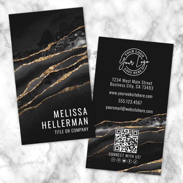 Carte De Visite Élégant Agate d'or noir (Elegant Black Gold Agate Business Card)