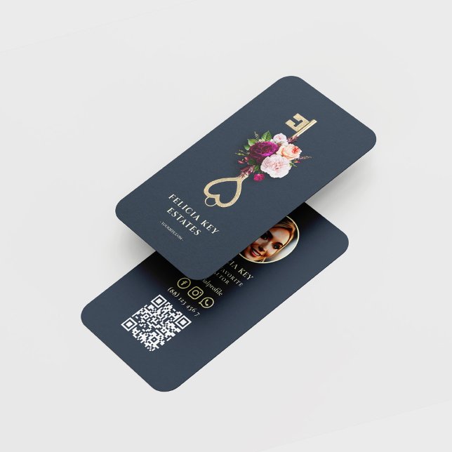 Carte De Visite Élégant agent immobilier floral Realtor bleu foncé (Créateur téléchargé)