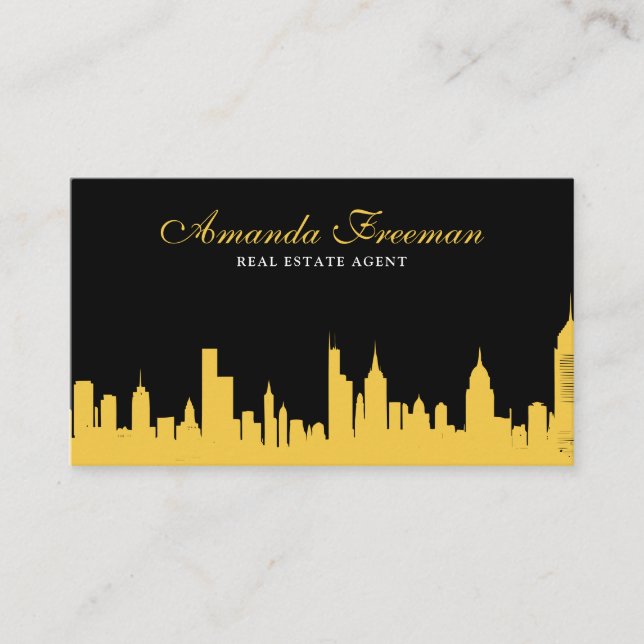 Carte De Visite Élégant agent immobilier Skyline Black & Gold (Devant)