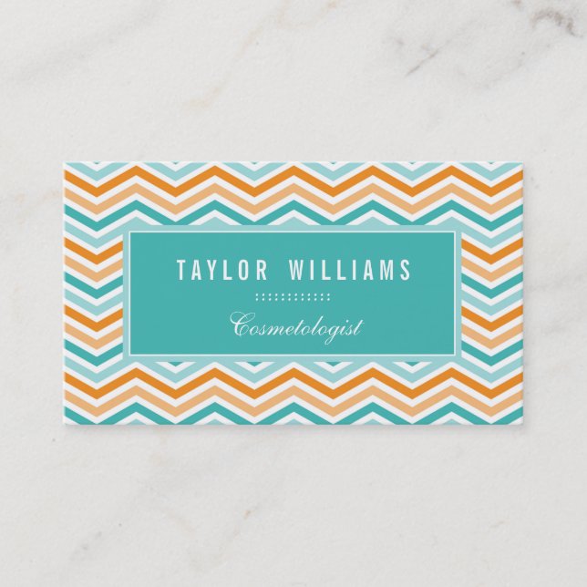 Carte De Visite Elégant, Aqua Turquoise & Orange Chevron (Devant)