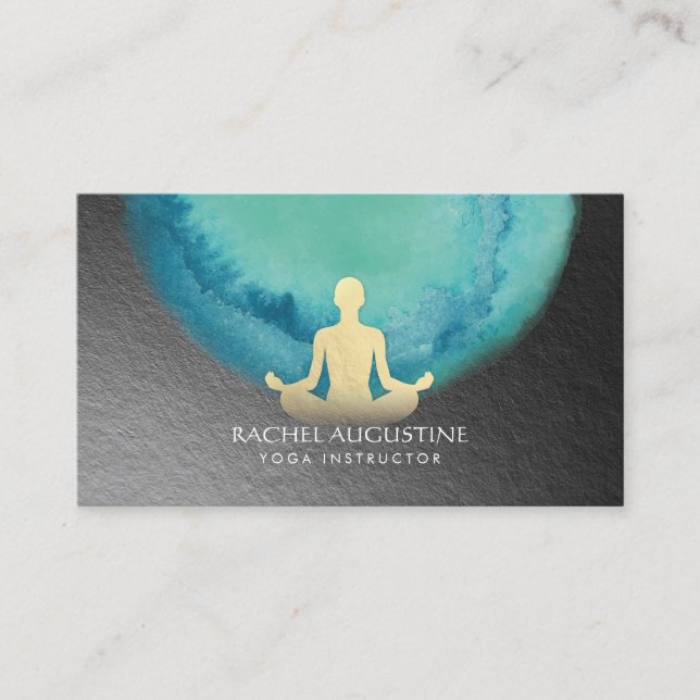 Carte De Visite Elégant Aquarelle Méditation Or Yoga Instructeur (Devant)