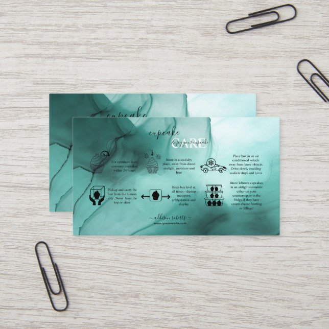 Carte De Visite Elégant Aquarelle moderne Turquoise Cupcake Care B (Devant/Arrière en situation)