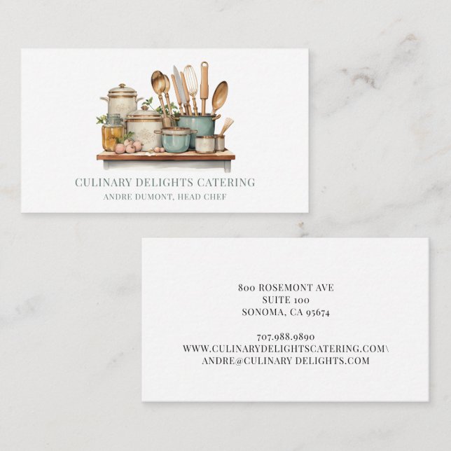 Carte De Visite Elégant Aquarelle Pots Ustensiles Chef Traiteur (Devant / Derrière)