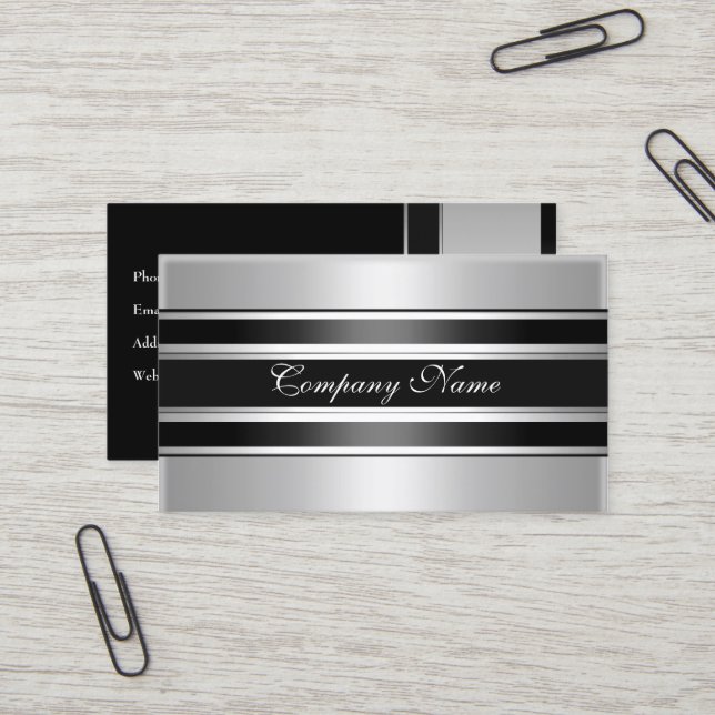 Carte De Visite Élégant argent Chrome métal noir (Devant/Arrière en situation)