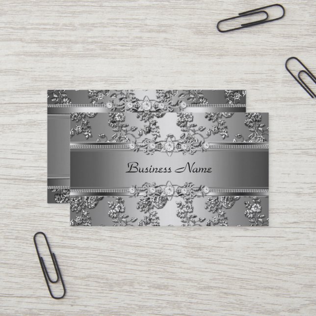 Carte De Visite Élégant Argent Classé Embossé Diamant Image (Devant/Arrière en situation)
