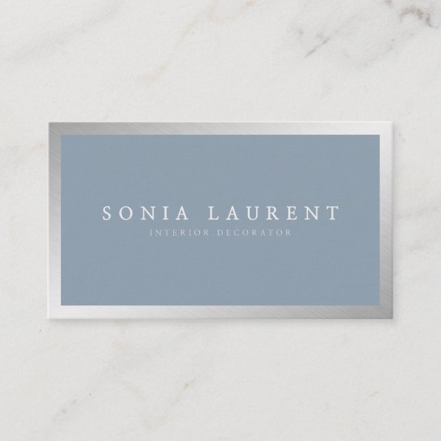 Carte De Visite Elégant argent métallique bleu poussiéreux minimal (Devant)