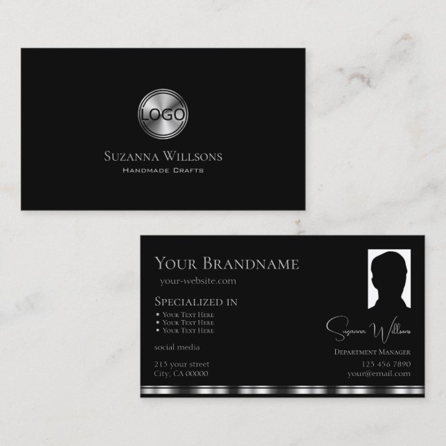 Carte De Visite Elégant argent noir clair avec logo et photo (Devant / Derrière)