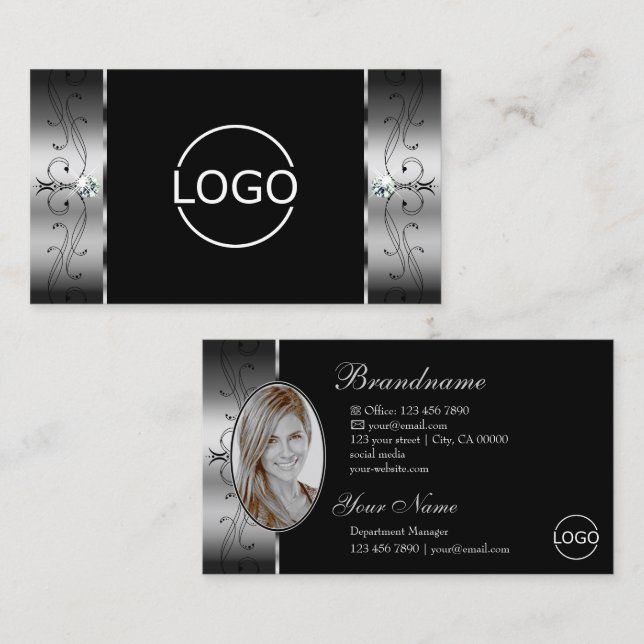 Carte De Visite Élégant Argent Noir Squigglé Bijoux Logo & Photo (Devant / Derrière)