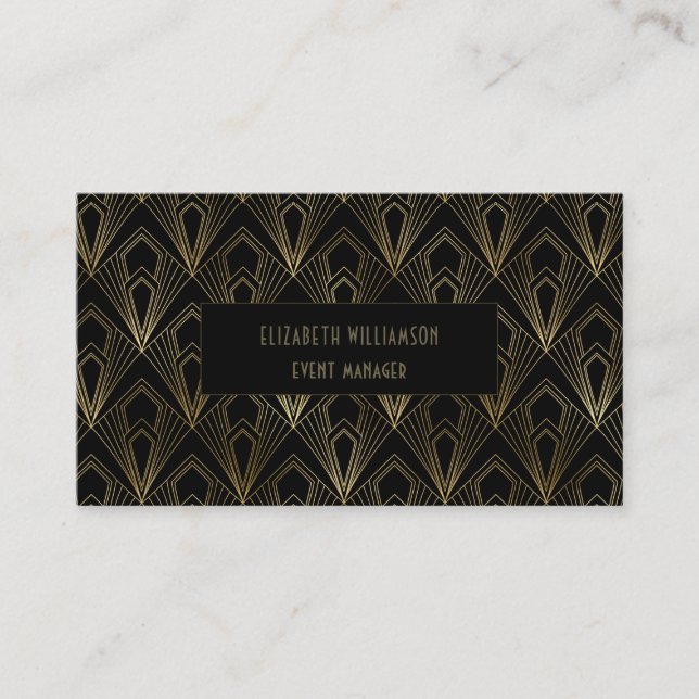 Carte De Visite Élégant Art Déco Professionnel | Noir et or (Devant)