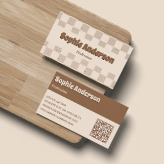 Carte De Visite Elegant Beige & Brown Checkerboard with QR Code