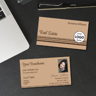 Carte De Visite Elégant beige Brown rayures avec logo et photo