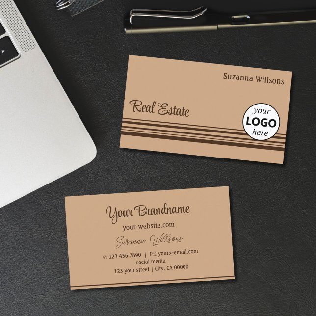 Carte De Visite Elégant beige Brown rayures avec logo professionne (Créateur téléchargé)