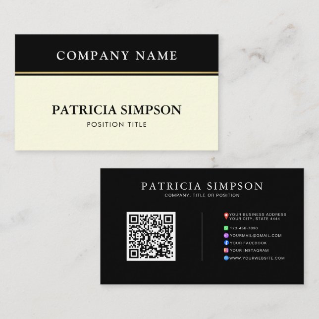 Carte De Visite Elegant Black and Ivory Cream Minimalist QR Code (Devant / Derrière)