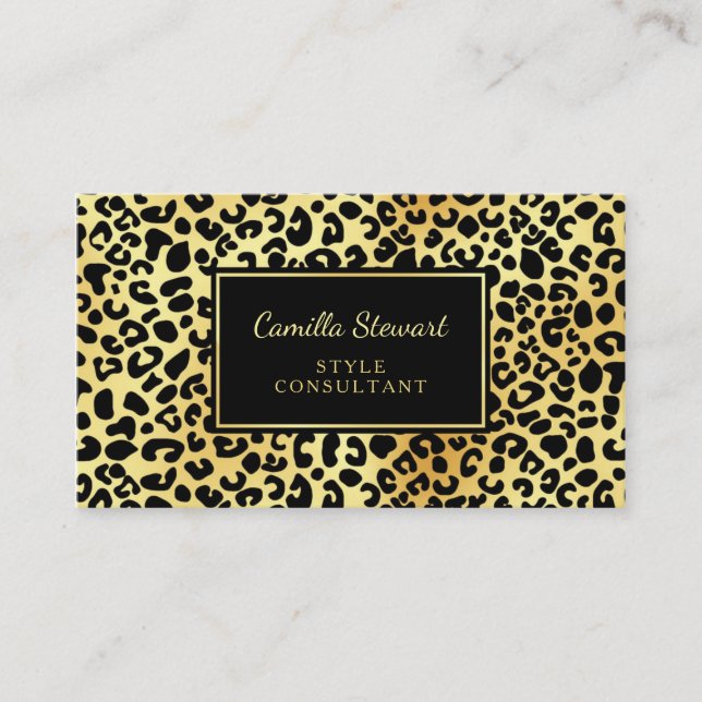 Carte De Visite Élégant Black Gold Empreinte de léopard Style Cons (Devant)