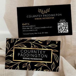 Carte De Visite Elégant Black & Gold Floral Moderne Design Code QR