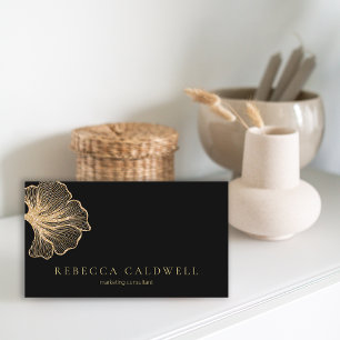 Carte De Visite Élégant Black Gold Floral QR Code