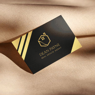 Carte De Visite Élégant Black & Gold Foil Home Logo Immobilier