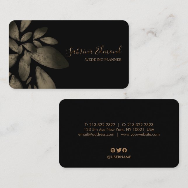 Carte De Visite Élégant Black Gold Succulent Foliage Signature (Devant / Derrière)