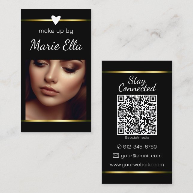 Carte De Visite Elégant Black Golden Heart Photo QR Code Modèle (Devant / Derrière)