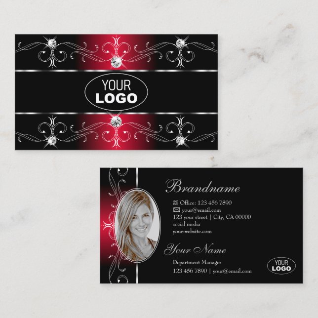 Carte De Visite Élégant Black Red Ornate Borders Bijoux Logo Photo (Devant / Derrière)