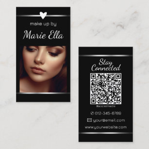 Carte De Visite Elégant Black Silver Heart Photo QR Code Modèle
