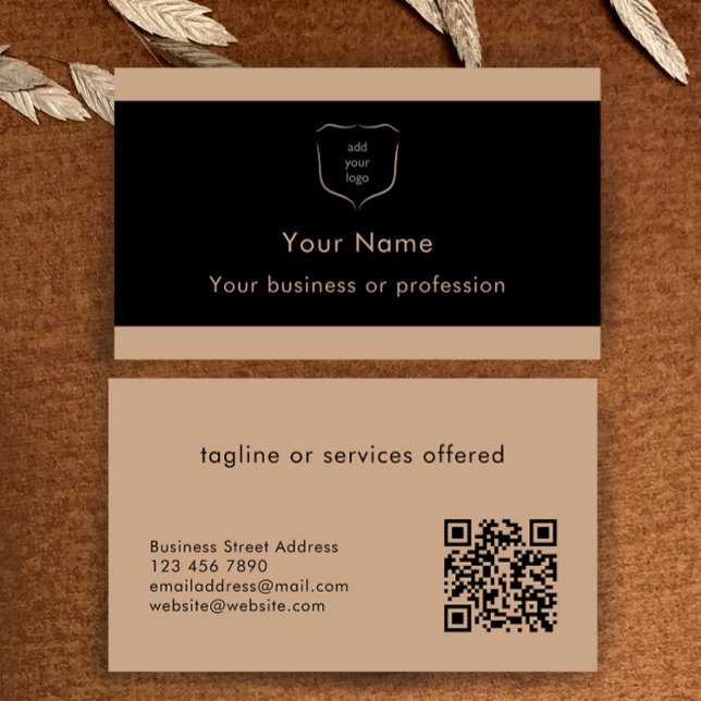 Carte De Visite Elegant Black & Tan Logo QR Code Professional (Custom elegant modern black and tan professional business card templates. Add logo and QR code.
)