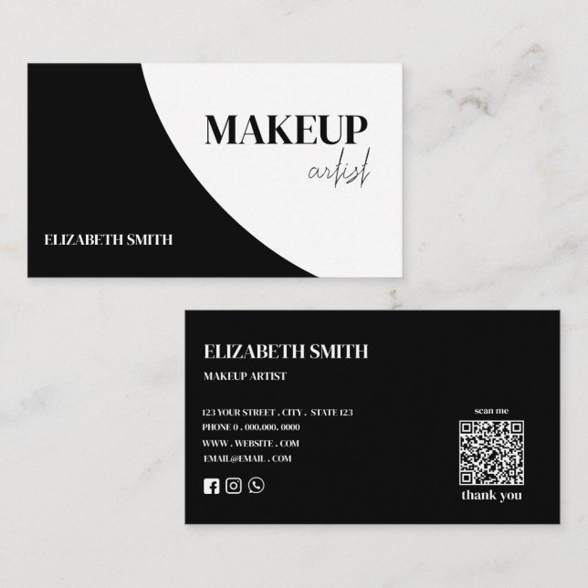 Carte De Visite Elegant black &white QR code makeup artist  (Devant / Derrière)